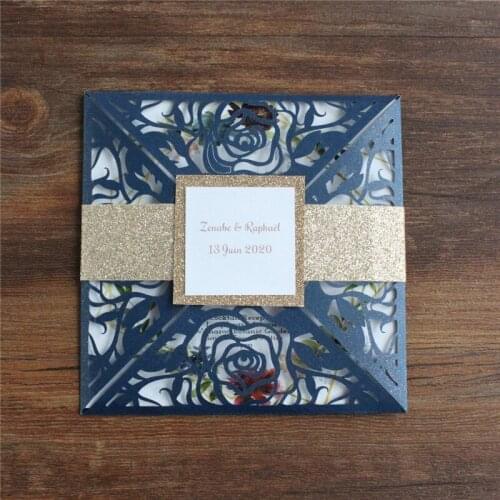 Laser cut modern wedding invitation suite rose laser cut enclosure with glitter belly envelop fall winter wedding 50 pcs