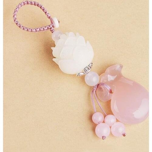 Natural Chalcedony Lucky Fortune Bag Pendant Handmade Carved Lotus Keychains Key Ring Key Holder for Women Car Bags Accessories