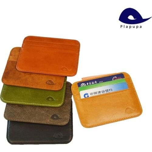 Plapupa 100% Cow Leather Plus Size Vintage Card Case Horizontal Glossy credit Round Corner Genuine Leather card holder