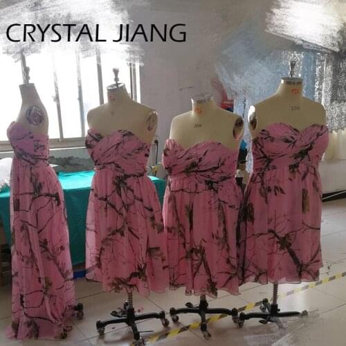 Long Chiffon Bridesmaid Gown Floral Printed Camo Bridesmaid Dresses Plus Size Pink