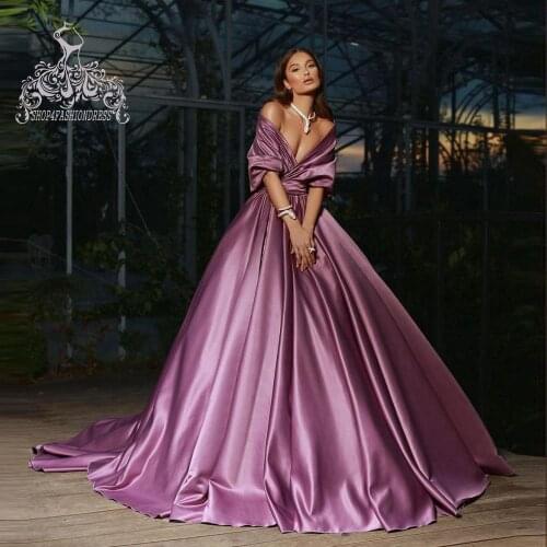 Soft Taffeta Off the Shoulder Long Prom Dresses Sexy Deep V-neck Ball Gowns Pretty Half Sleeves Pageant Dress Custom Made