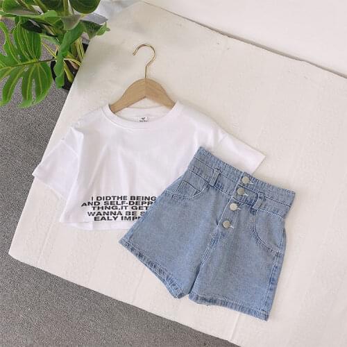 Teenage Girls T-shirt Set Summer New Baby Fashion Letters High Waist Shorts + Jacket Childrens Denim Shorts Kids Denim Clothes