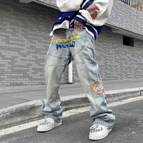Hip Hop Rainbow Embroidery Jeans Men Washed Distressed High Street Retro Denim Trousers Straight Loose Casual Pants Male 2021