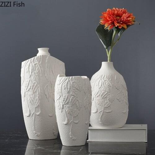 European Leaves Relief Flower Vase Ceramic Decorative Flowers Pots Modern Floral Artwork Vases Desk Decoration Nordic Home Decor