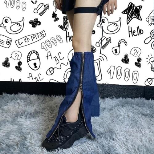 Japanese Summer Gothic Girl Zippers Harajuku Calf-length Socks Leg Warmers Blue Punk Lady Denim Leg Warmer Korean Fashion Cloth