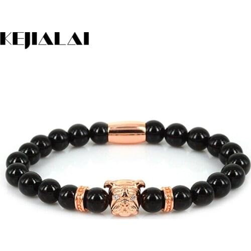 KEJIALAI Lucky Gem 2018 Fashion Men Jewelry Bulldog Charm Bracelet Women 8mm Black Stone Beads Pulseras Masculina Mantra Prayer