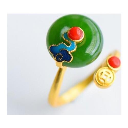 Chinese Style Hetian Jade Peace Buckle Ring Sterling Silver Gilding Enamel Ruyi South Red Retro with Opening Index Finger Ring W