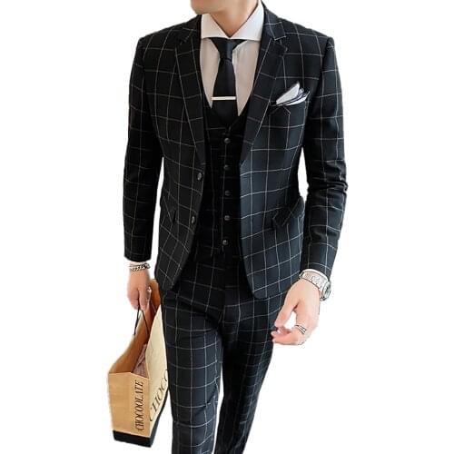 Jacket + Vest + Pants ) Fashion Boutique Plaid Mens Casual Business Suit 3pcs Set Groom Wedding Dress Formal Slim Suit Male