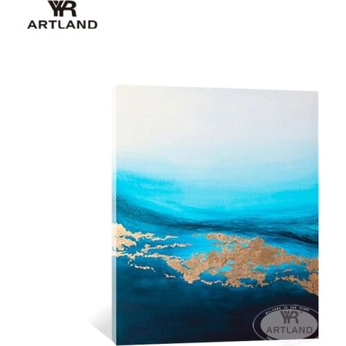 Beautiful picture blue gold foil poster 100% Handmade acrylic oil painting on canvas for living room hotel entrance no framed