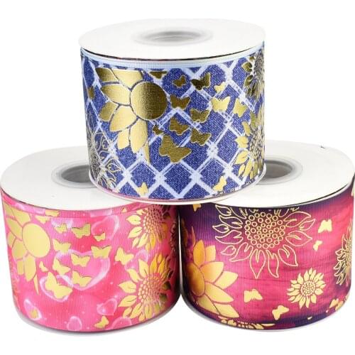 50yards 75mm Gold Foil Edelweiss Heronsbill Butterfly Grosgrain Ribbon For DIY Accessories Welcome Custom designs