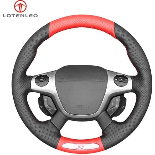 LQTENLEO Black Red Leather Hand-stitched Car Steering Wheel Cover For Ford Focus 3 ST 2012 2013 2014
