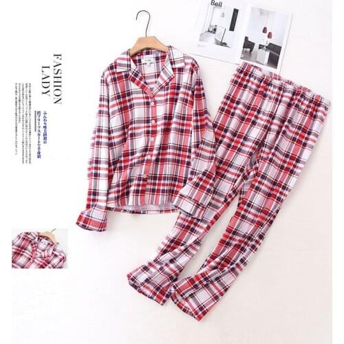 New Korean Womens Cotton Plaid Pajamas Brushed Fabric Long Sleeve Home Clothes Plus Size Pijama Loungewear Couple Sleepwear
