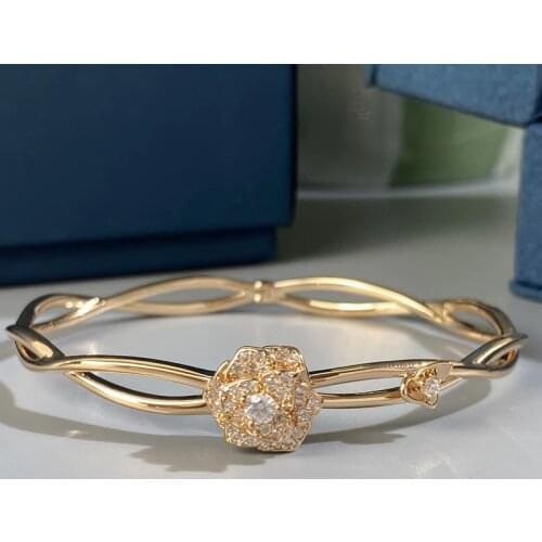 New Hot Brand Pure 925 Sterling Silver Jewelry For Women Camellia Bracelets Wedding Jewelry Open Gold Color Cuff Bracelet