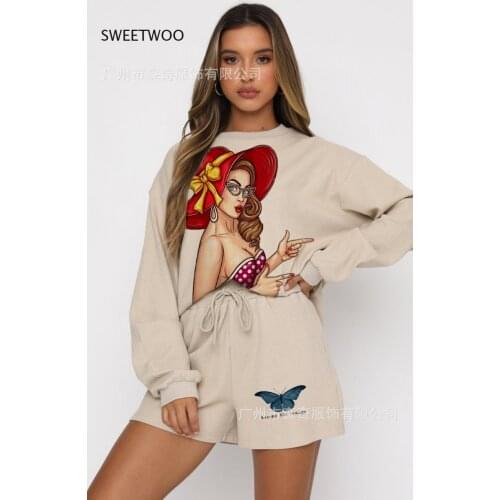 2021 Spring and Autumn New Two-Piece Female Retro Harajuku Print Long-Sleeved Sweater Shorts Casual Suit 4 Colors 5 Yards