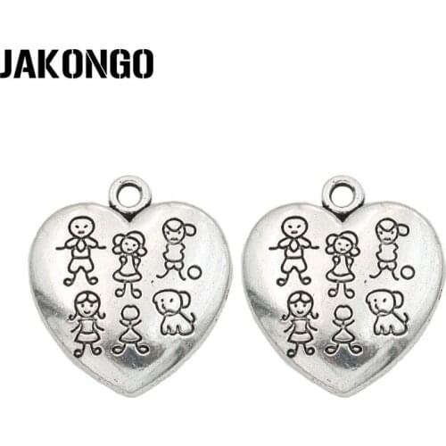 JAKONGO Antique Silver Plated Family Heart Charm Pendants for Jewelry Accessories Making Bracelet Findings DIY 24x22mm 10pcs/lot