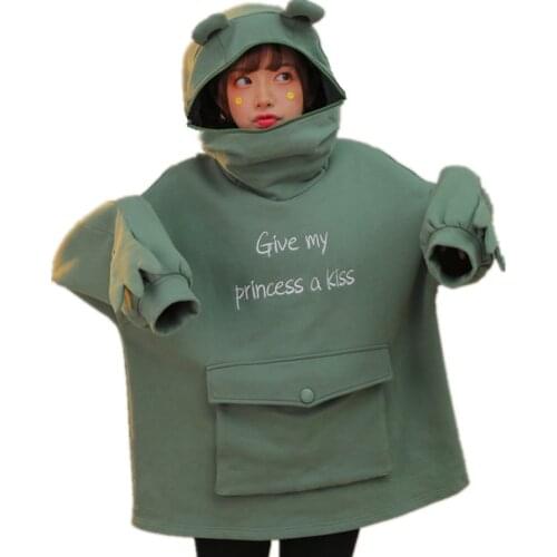 Richkeda Store New 2021 Mori Women Autumn Thick Loose Sweatshirt Harajuku Letters Printed Kawaii Frog Casual Hooded Hoodies