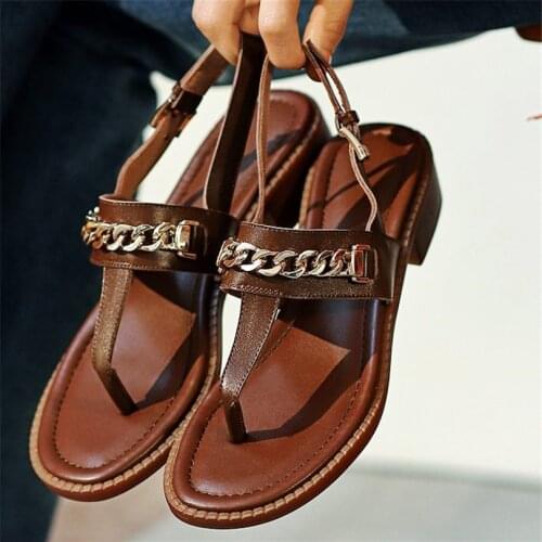 Gladiators Womens Cow Leather Sandals Chain Flip Flops Thongs Buckle Summer Flats Beach Shoes 35 36 37 38 39 40