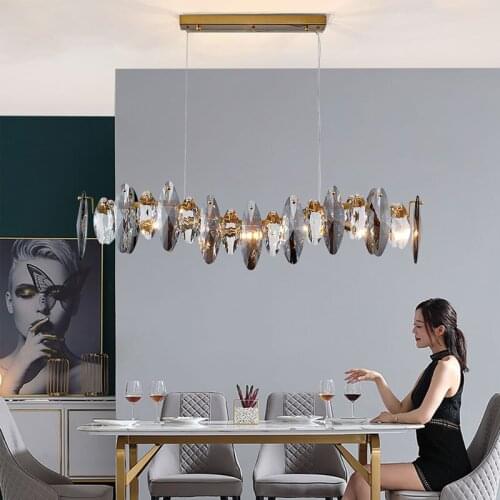 Wave design modern crystal light chandelier for dining room luxury smoky gray cristal lamps brief kitchen island hang lamps