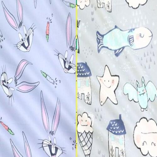 Adorable 50x160cm Grey Cartoon Rabbit & Animals Family Printed Cotton Fabric For DIY Sewing Bedding Quilting Clothing
