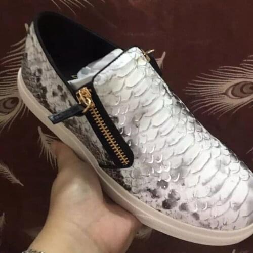 Fashion Woman Python Leather Low Top Flat Causal Shoes Female Double Zipper Loafer Shoes Unisex Shoes Snakeskin Man Sneaker