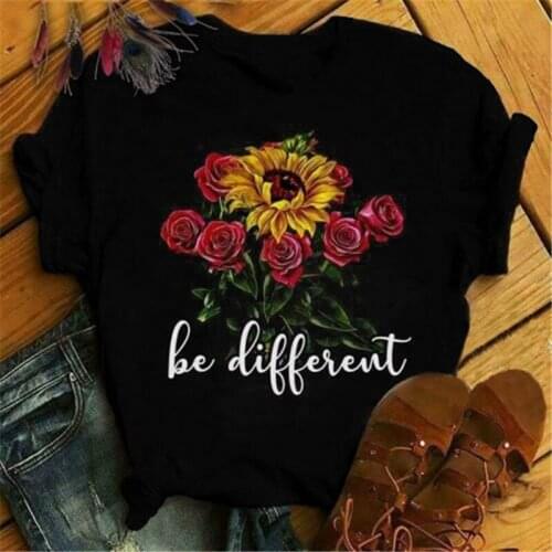 2021 Floral Letter Graphic Flower Print T-shirt Women Y2K Summer Clothes Plus Size 5XL Round Neck Short Sleeve Tee Shirts Female