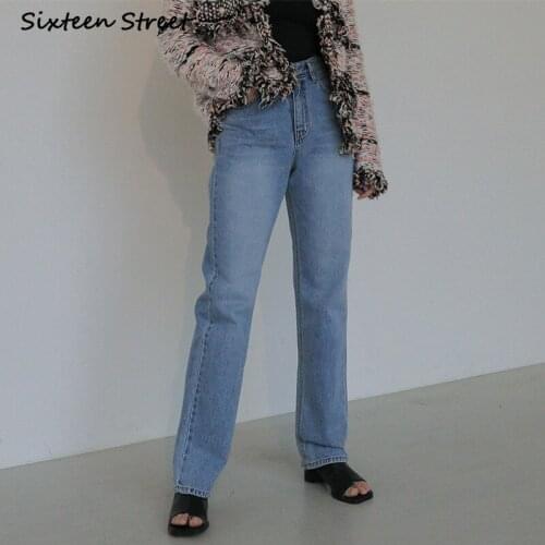 Woman Pants with High Waist Denim Jeans Female Washed Straight Button Zipper Korean Style Y2K Aesthetic Fashion Vintage New 2021