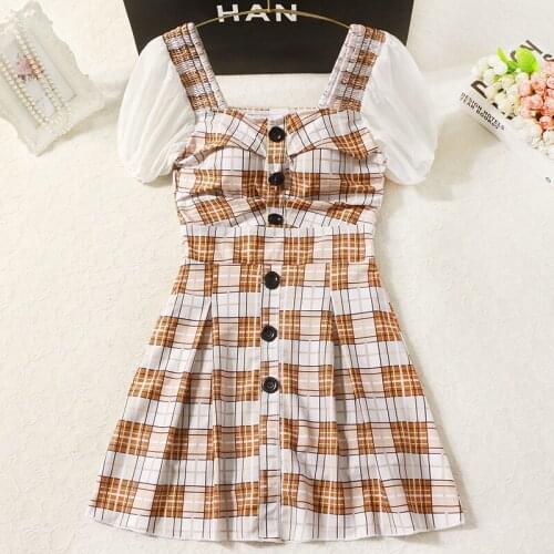 2021 Women Plaid One Piece Swimwear Button Sexy Bathing Suit Swim Beach Dress Summer Swimming Suits Female Short Sleeve Swimsuit