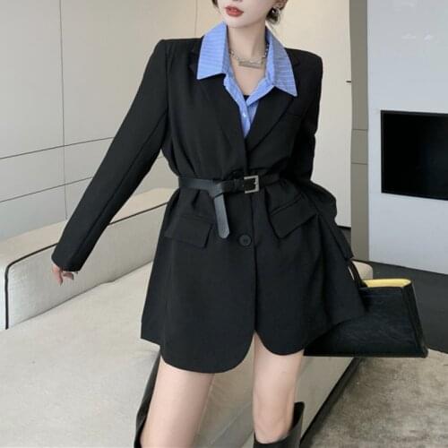XFPV Women Black Blazer Sashes New Arrivals Turn Down Collar Long Sleeve Loose Fashion Temperament Autumn 2021 11J0004