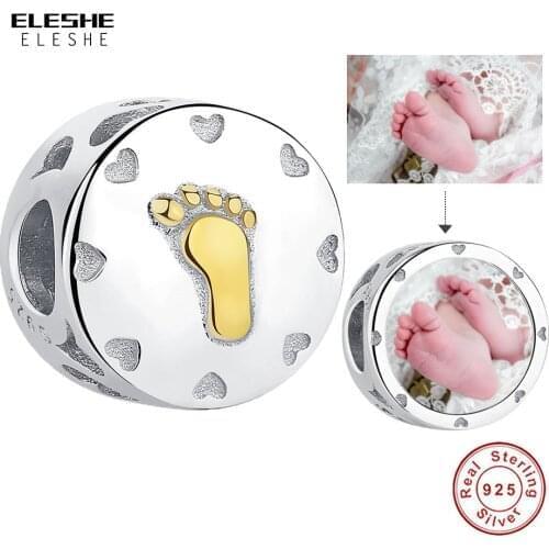 2019 New Baby Print Custom Photo Round Bead 925 Sterling Silver Charm Fit Original Bracelet Trinket Jewelry for Baby Making Gift