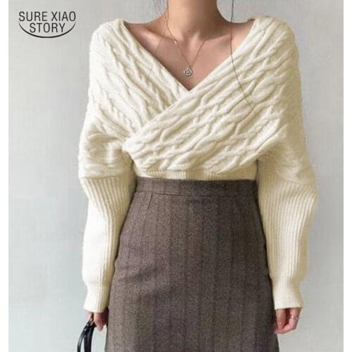 2021 V-neck Twist Pullover Sweaters Women Autumn Winter Elegant Sexy Woman Sweater Lazy All-match Knit Sweater Tops Woman 16008