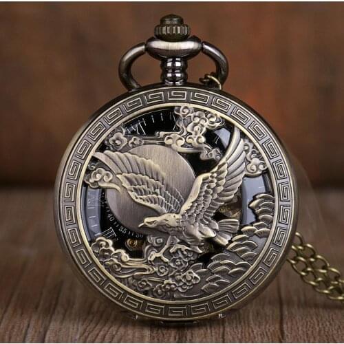 5pcs/lot Flying eagle carving hollow Mechanical Pocket Watch Roman Number Dial Skeleton Pendant Chain Fob Watch Men Women