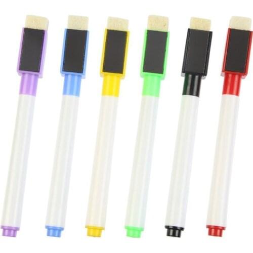 6pcs / set Magnetic OR Nonmagnetic Whiteboard Pen Erasable Dry White Board Markers Magnet Built In Eraser Office School Supplies
