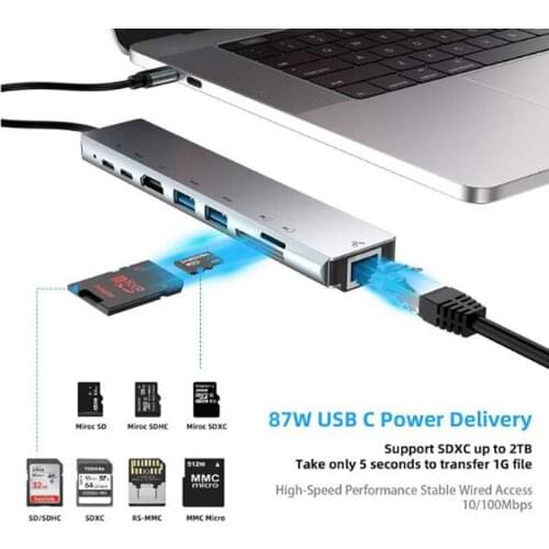 8 In 1 Multiport Type C To USB-C 4K HDMI Adapter USB 3.0 Cable Hub