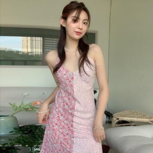 One-Piece Korean Sexy Suspender Dress Female Summer Dress 2021 New Floral Splicing V-Neck Backpack Hip Dress Casual Long Dresses