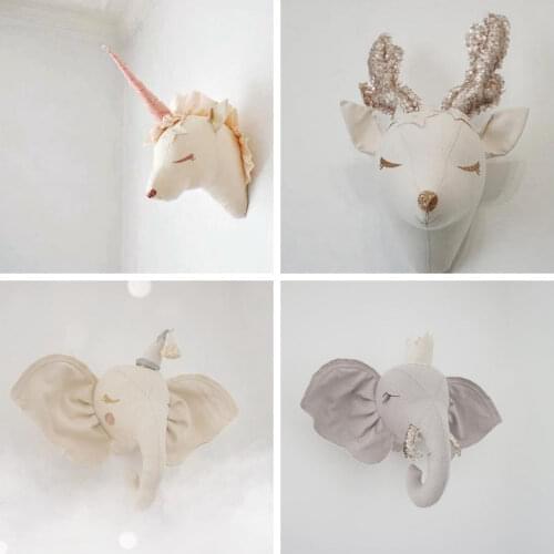 Baby Girl Room Decor Elephant Unicorn Plush Toys Animal Heads Wall Decoration For Children Nursery Room Decoration Soft Install