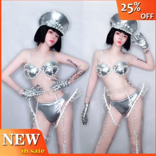 Hot GoGo Silver Costume Body Suit Pearl Bikini Women Bra Stage Nightclub Party Singer Performance Clothing Festival Outfit L2992
