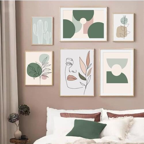 Green Plant Leaves Cactus Canvas Poster Woman Face Art Print Abstract Painting Line Drawing Wall Picture Living Room Home Decor
