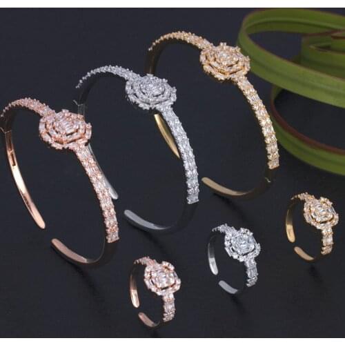 BRIDE TALK Luxury Brand Micro Paved Baguette Cubic Zircon Adjustable Bangle Ring Set Romantic Fashion Classics Jewelry Ring Sets