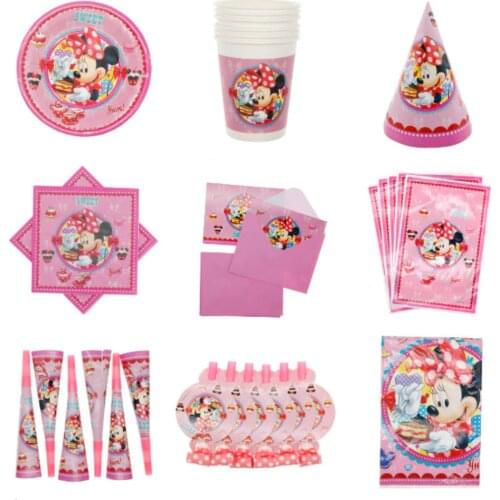 Disney Pink Minnie Mouse Disposable Tableware Kids Girls Birthday Party Decoration Paper Plates Cups Napkins Baby Shower Supplie