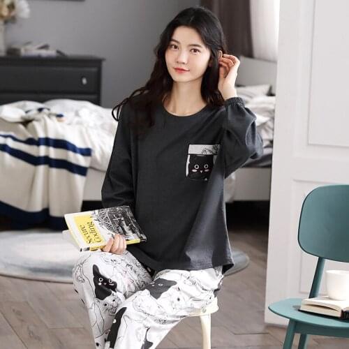 Autumn Winter Warm Women Pajamas Set Funny Cute Cat Pocket Pajamas Cotton Casual Women Nightwear Fashion Black Outdoor Sleepwear