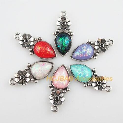 12 Teardrop Flower Resin AB Shivering Mixed Charms Tibetan Silver 13.5x29.5mm