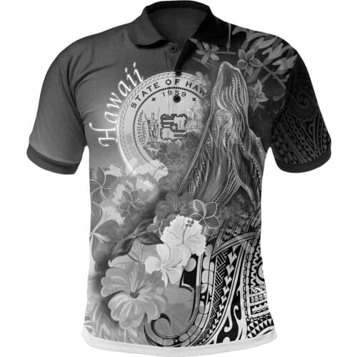 Polynesian Hawaii Polo Shirts Humpback Whale with Tropical Flowers White Printed Men Women Short Sleeve Summer T-shirt