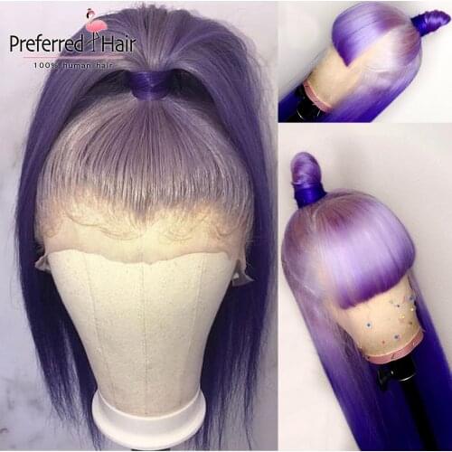 Preferred Remy Lace Front Wig Pre Plucked Purple Ombre Human Hair Wig With Bangs Transparent Lace Wigs For Black Women