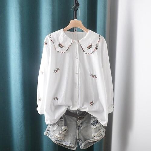 Lamtrip Unique Kawaii Plant Leaves Embroidery Peter Pan Collar Cotton Long Sleeve Shirt Blouse