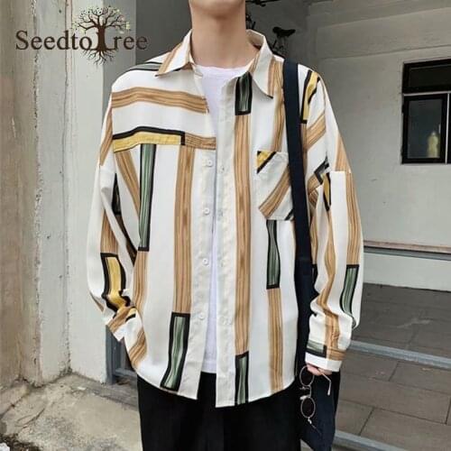 Japanese and Korean Style Loose Striped Long Sleeve Mens Shirt Casual Lapel Mens Top Couple Outfit