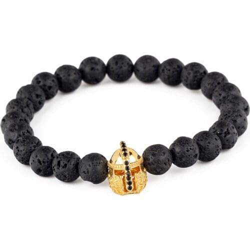 Handmade Black Lava Stone Beads Elastic CZ Helmet Charm Bracelets Bangles Unique Best Men Jewelry Gift Hand Chain
