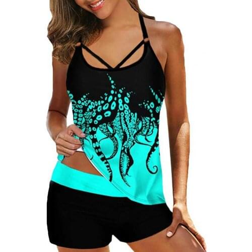 Stylish Blue Print Women Swimsuit Loose Hem Two Pieces Padded Top Tummy Control Boyshorts Bathing Suit Swimdress for Vacation
