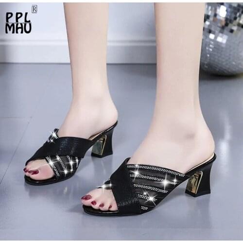 Rhinestone Mesh Open-Toes Women Sandals 2021Summer Slides Sexy Non-Slip Striped Hoof Heels Korean Style Light Designer Shoes