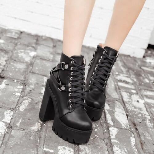 Waterproof platform strap high heel women boots round head back belt buckle decorative square heel