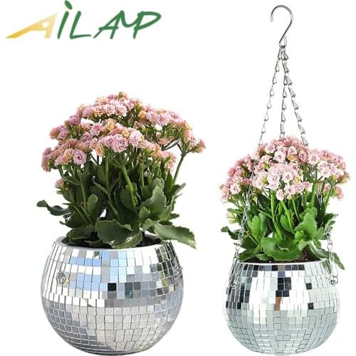 Mirror reflector garden pots planters Disco ball outdoor Flower pot Hanging chain flower pot planter Retro sling flowerpot groot
